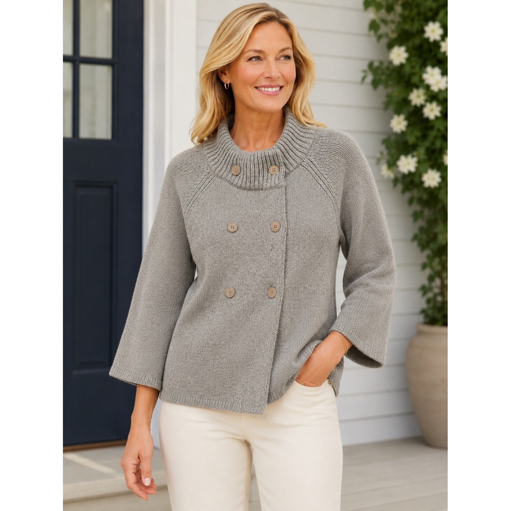 Talbots Wool Cashmere Double Breasted Funnel Neck Cardigan Sweater Gray- XL - Picture 1 of 6